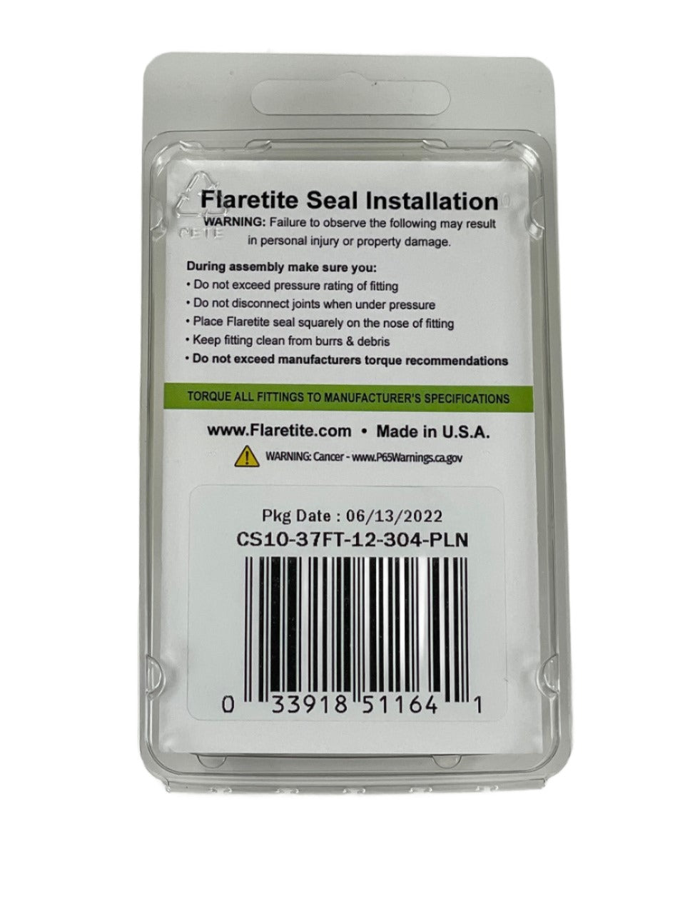 3/4" (-12), Clam Shell of 10 seals, 37° JIC 304 Stainless Steel Plain (Without Loctite®)