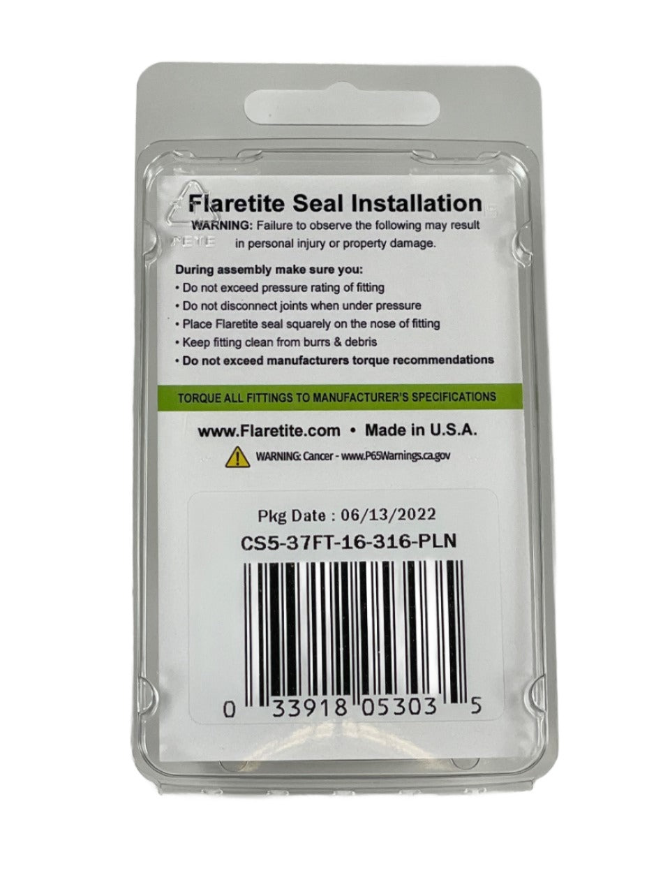 1" (-16), Clam Shell of 5 seals, 37° JIC 316 Stainless Steel Plain (Without Loctite®)