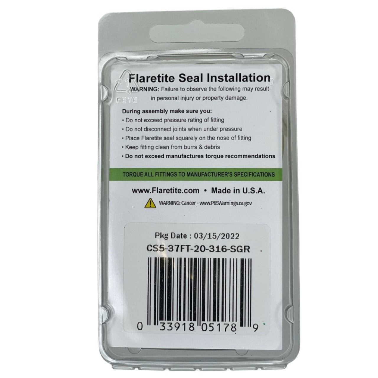 1-1/4" (-20) Clam Shell of 5 seals, 37° JIC 316 Stainless Steel Loctite® Coated